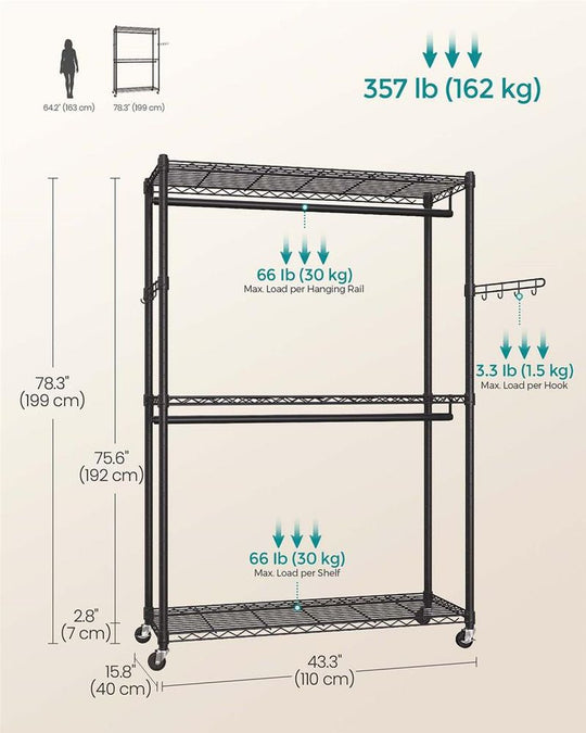 Heavy Duty Rolling Clothes Rack | Double Rails With Wire Shelves