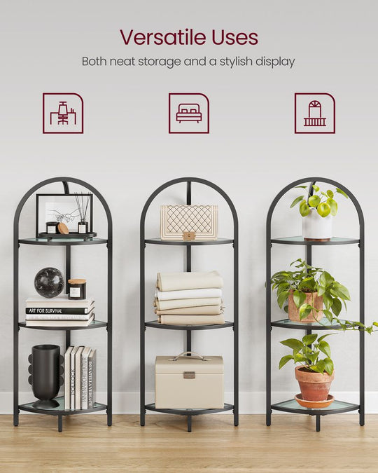 Tempered Glass Corner Shelf | Arched Metal Display Rack