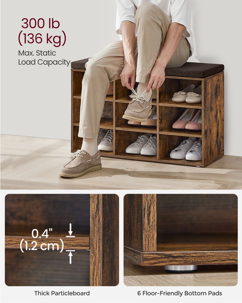 Cushioned Shoe Bench | Open Cubby Storage For Entryways