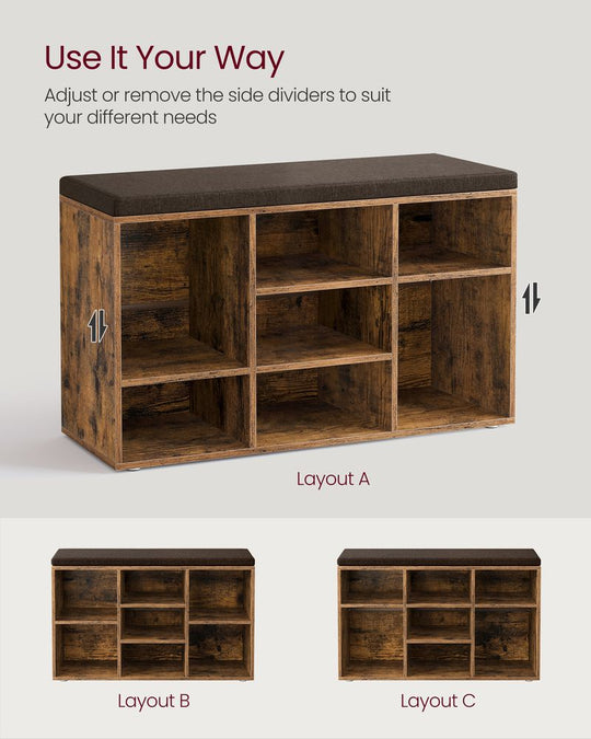 Cushioned Shoe Bench | Open Cubby Storage For Entryways