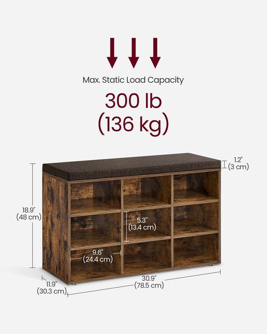 Cushioned Shoe Bench | Open Cubby Storage For Entryways