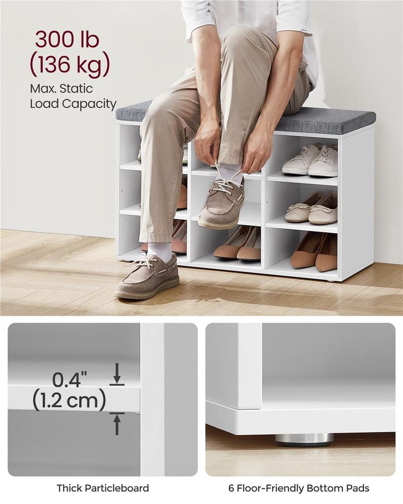 Cushioned Shoe Bench | Open Cubby Storage For Entryways