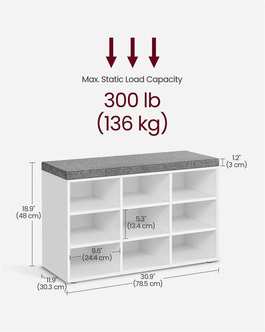Cushioned Shoe Bench | Open Cubby Storage For Entryways
