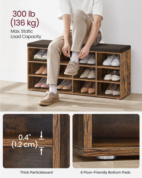 Cushioned Shoe Bench | Open Cubby Storage For Entryways