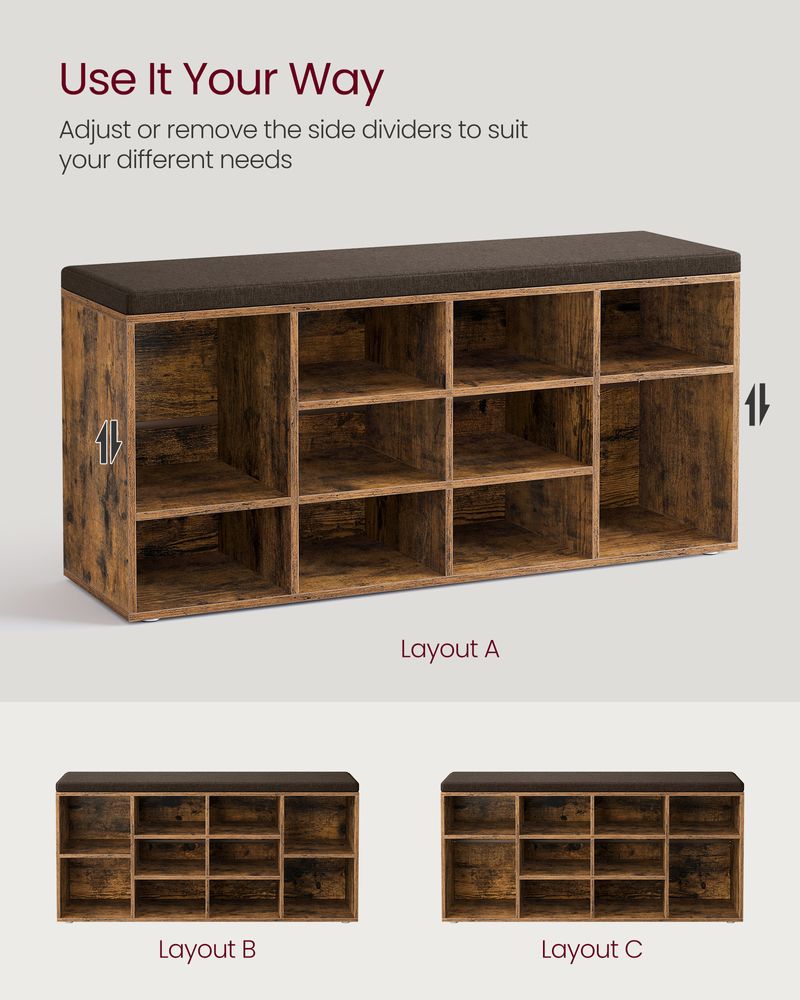 Cushioned Shoe Bench | Open Cubby Storage For Entryways