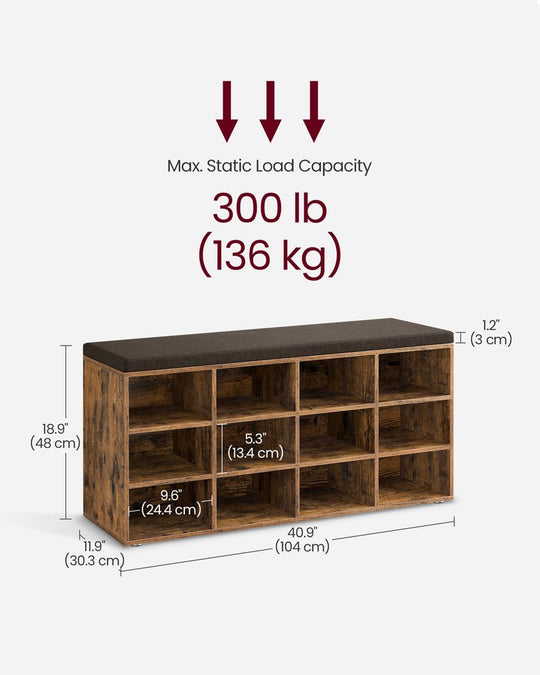 Cushioned Shoe Bench | Open Cubby Storage For Entryways