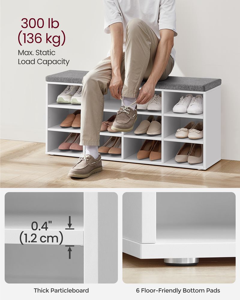 Cushioned Shoe Bench | Open Cubby Storage For Entryways