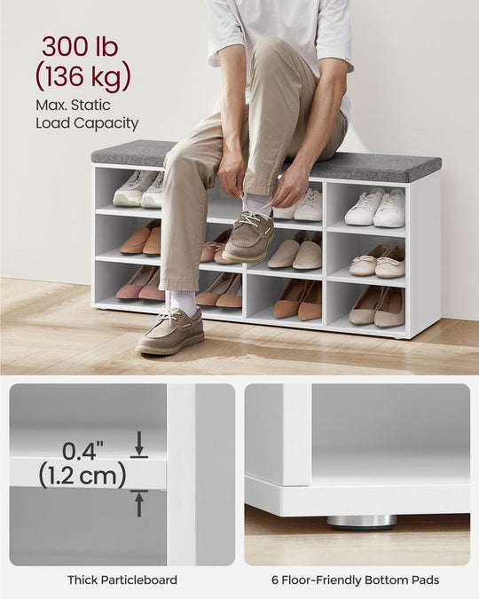 Cushioned Shoe Bench | Open Cubby Storage For Entryways