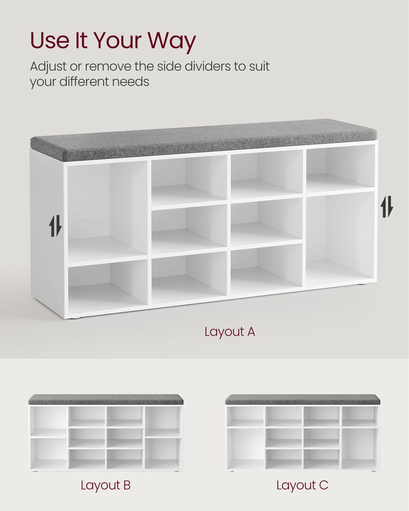 Cushioned Shoe Bench | Open Cubby Storage For Entryways