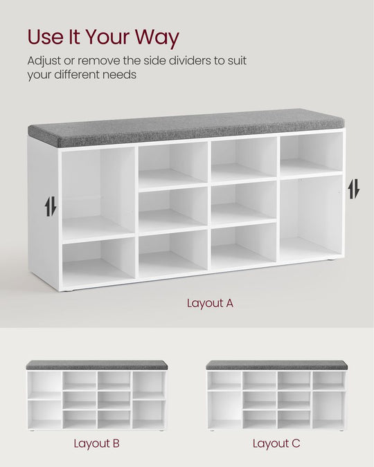 Cushioned Shoe Bench | Open Cubby Storage For Entryways