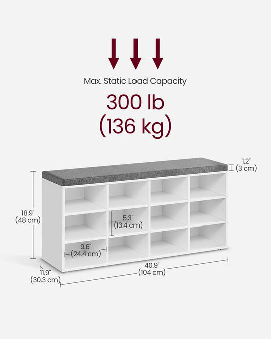 Cushioned Shoe Bench | Open Cubby Storage For Entryways