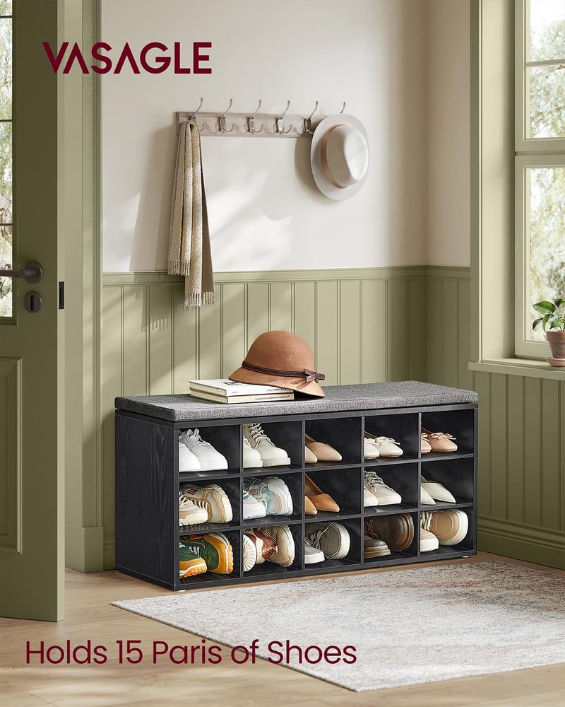 Cushioned Shoe Storage Bench | Fifteen Cubby Entryway Organizer