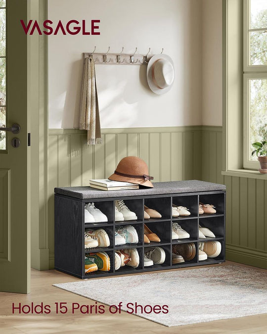 Cushioned Shoe Storage Bench | Fifteen Cubby Entryway Organizer