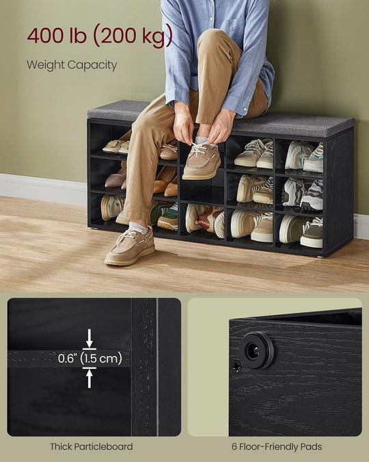 Cushioned Shoe Storage Bench | Fifteen Cubby Entryway Organizer
