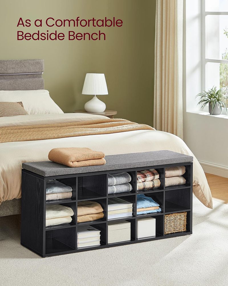 Cushioned Shoe Storage Bench | Fifteen Cubby Entryway Organizer