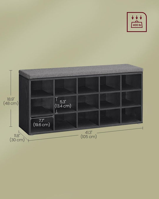 Cushioned Shoe Storage Bench | Fifteen Cubby Entryway Organizer