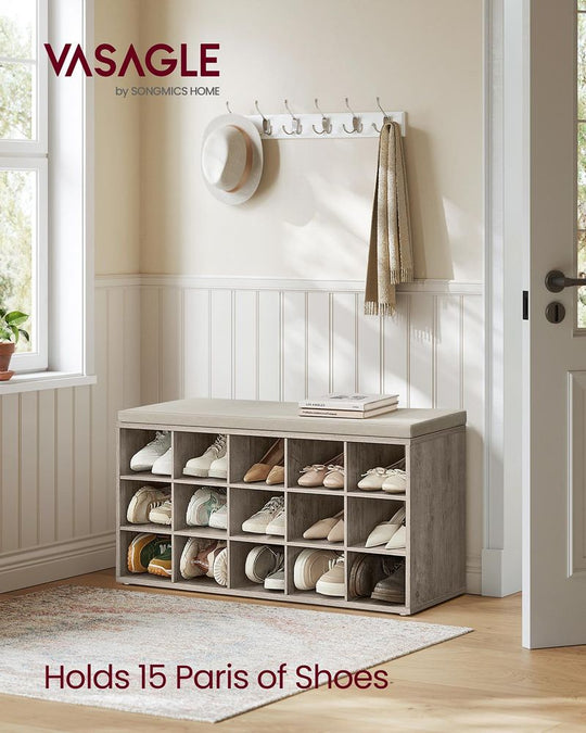 Cushioned Shoe Storage Bench | Fifteen Cubby Entryway Organizer