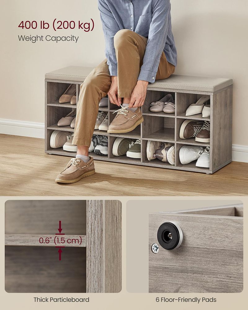 Cushioned Shoe Storage Bench | Fifteen Cubby Entryway Organizer