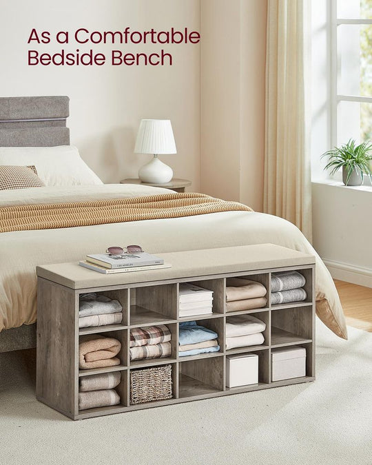 Cushioned Shoe Storage Bench | Fifteen Cubby Entryway Organizer