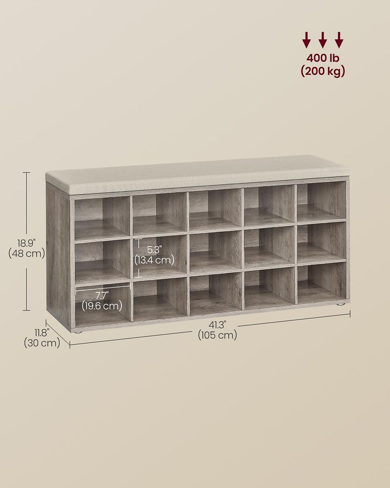 Cushioned Shoe Storage Bench | Fifteen Cubby Entryway Organizer