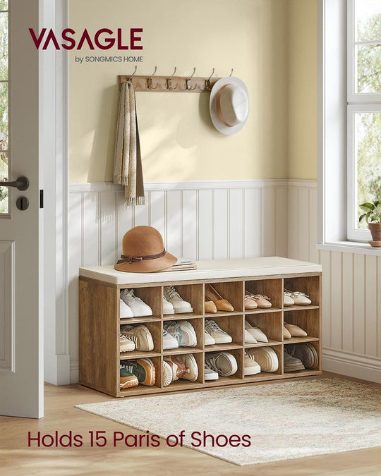 Cushioned Shoe Storage Bench | Fifteen Cubby Entryway Organizer