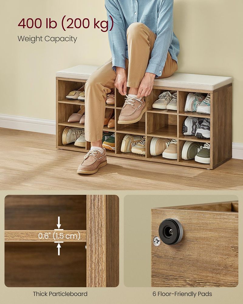 Cushioned Shoe Storage Bench | Fifteen Cubby Entryway Organizer