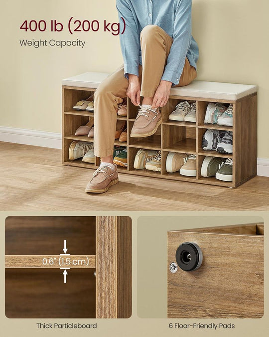 Cushioned Shoe Storage Bench | Fifteen Cubby Entryway Organizer