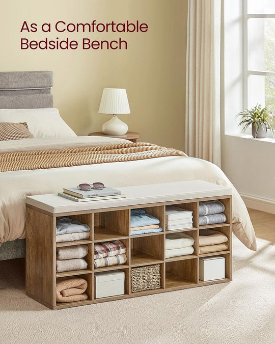 Cushioned Shoe Storage Bench | Fifteen Cubby Entryway Organizer