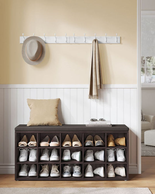 Cushioned Shoe Storage Bench | Fifteen Cubby Entryway Organizer