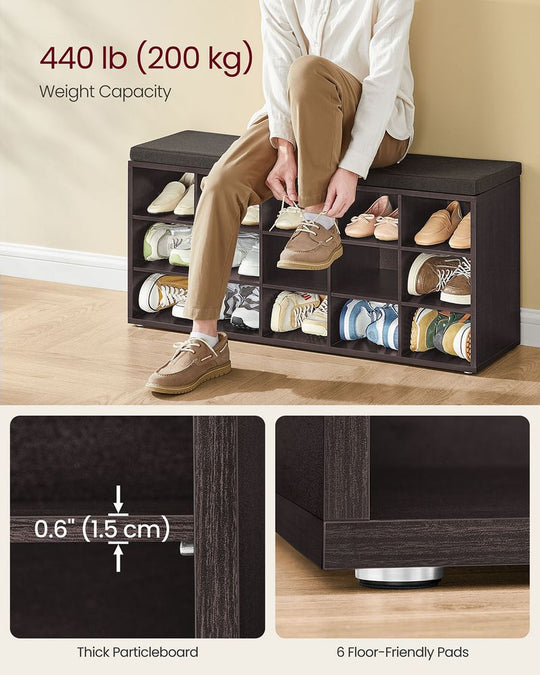 Cushioned Shoe Storage Bench | Fifteen Cubby Entryway Organizer