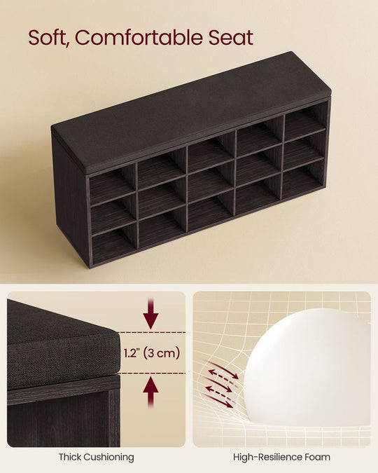 Cushioned Shoe Storage Bench | Fifteen Cubby Entryway Organizer