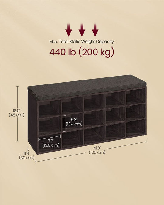Cushioned Shoe Storage Bench | Fifteen Cubby Entryway Organizer