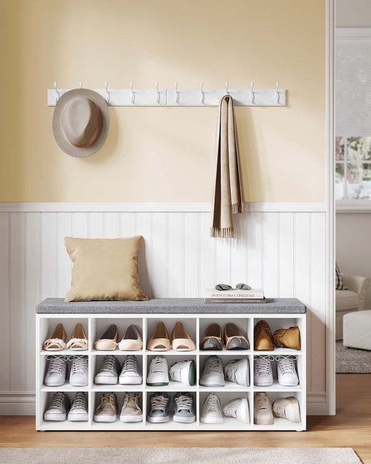 Cushioned Shoe Storage Bench | Fifteen Cubby Entryway Organizer