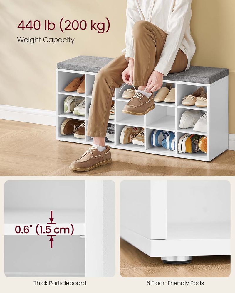 Cushioned Shoe Storage Bench | Fifteen Cubby Entryway Organizer