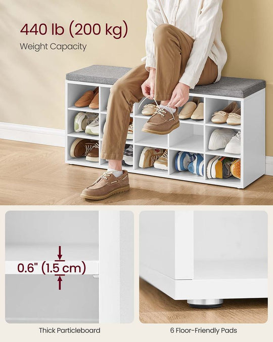Cushioned Shoe Storage Bench | Fifteen Cubby Entryway Organizer