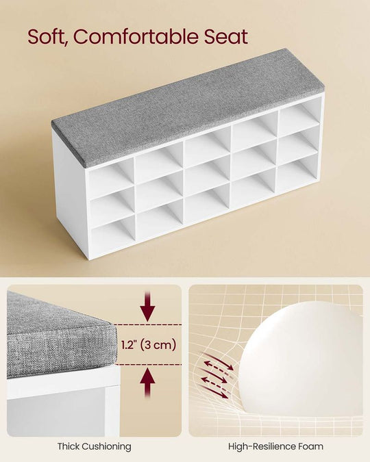 Cushioned Shoe Storage Bench | Fifteen Cubby Entryway Organizer