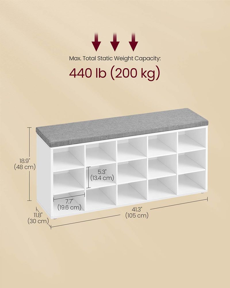 Cushioned Shoe Storage Bench | Fifteen Cubby Entryway Organizer