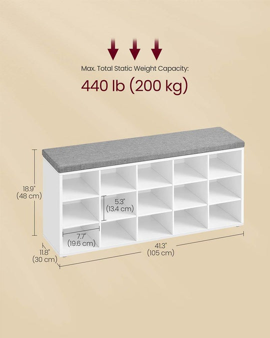 Cushioned Shoe Storage Bench | Fifteen Cubby Entryway Organizer