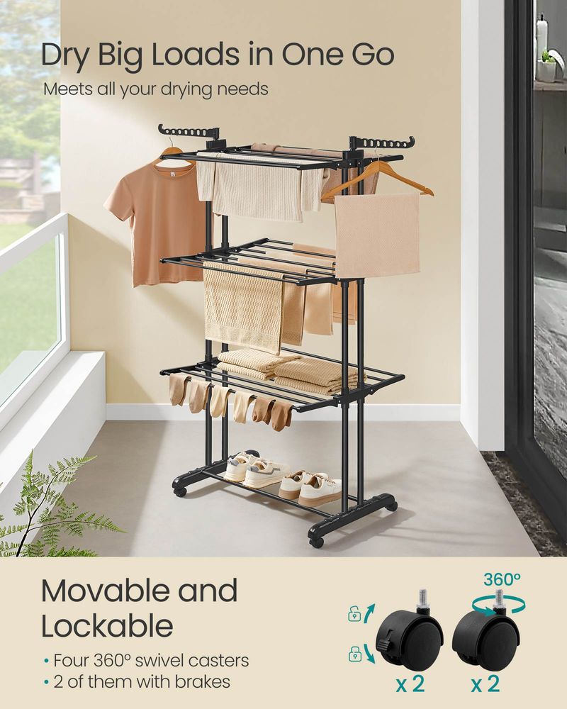 Foldable Clothes Drying Rack | Rolling Laundry Stand With Wings