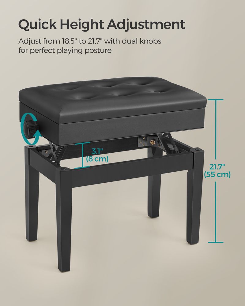 Adjustable Piano Bench | Padded Seat With Sheet Music Storage