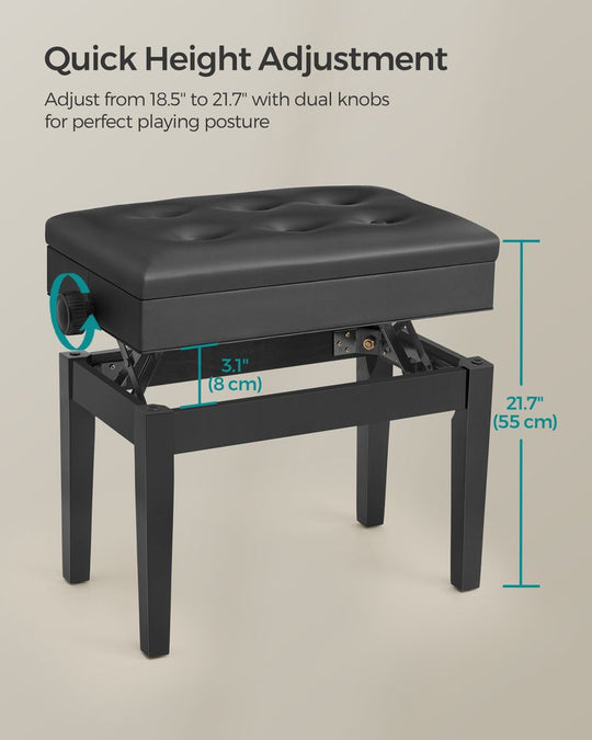 Adjustable Piano Bench | Padded Seat With Sheet Music Storage
