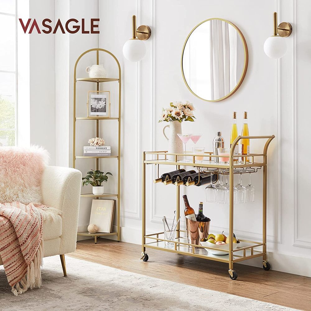 Rolling Bar Serving Cart | Mirrored Shelves With Wine Storage