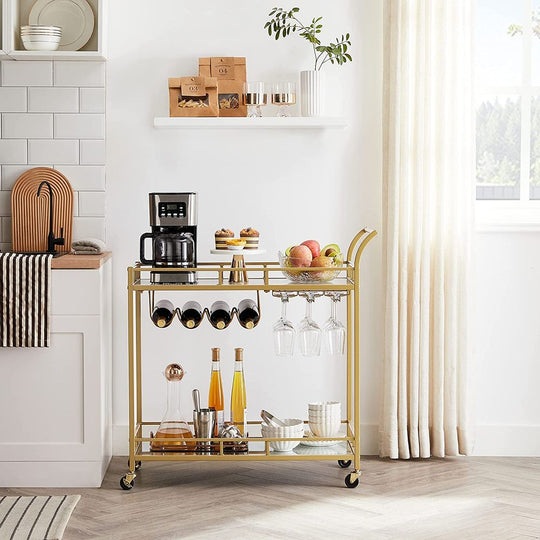 Rolling Bar Serving Cart | Mirrored Shelves With Wine Storage
