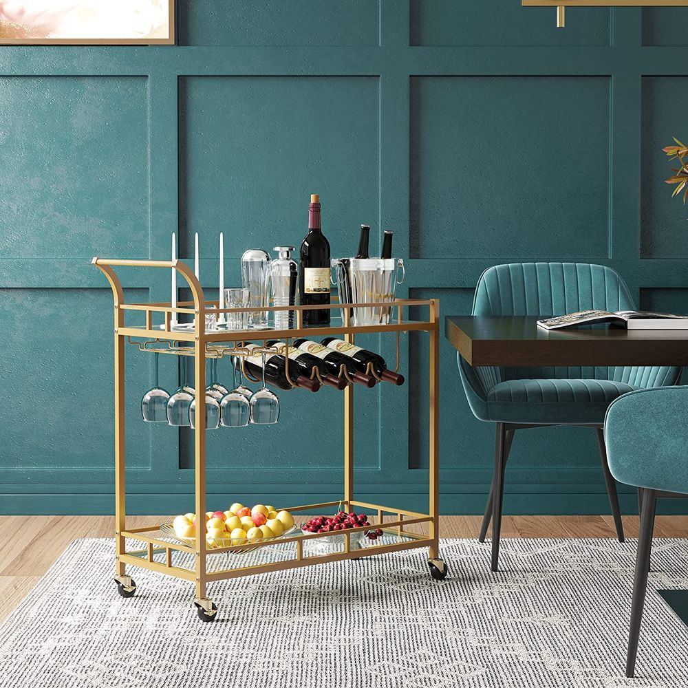 Rolling Bar Serving Cart | Mirrored Shelves With Wine Storage