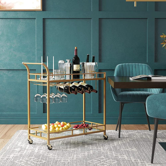 Rolling Bar Serving Cart | Mirrored Shelves With Wine Storage