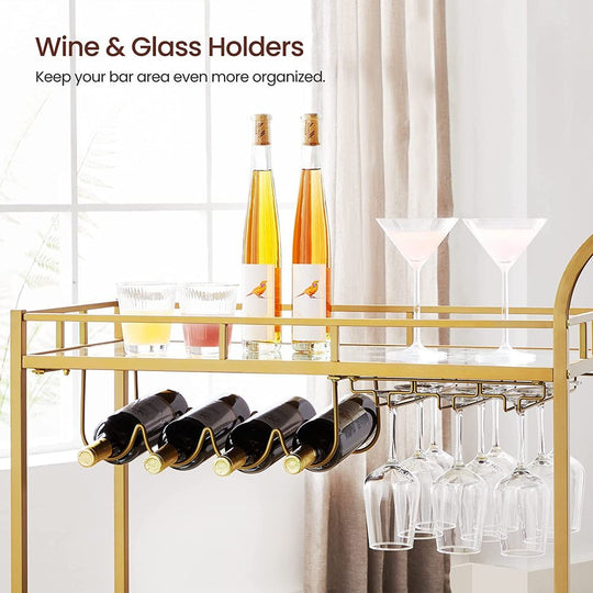 Rolling Bar Serving Cart | Mirrored Shelves With Wine Storage