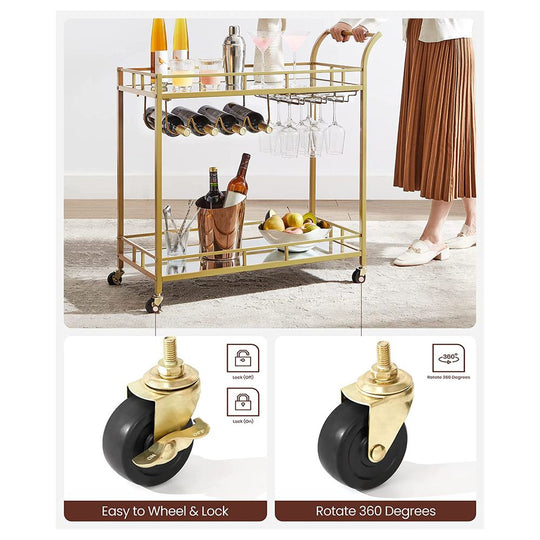 Rolling Bar Serving Cart | Mirrored Shelves With Wine Storage