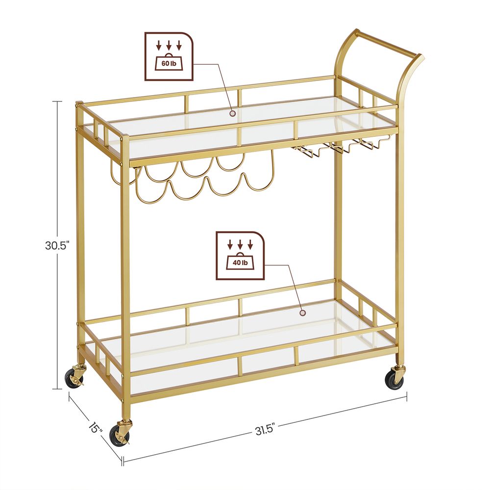 Rolling Bar Serving Cart | Mirrored Shelves With Wine Storage