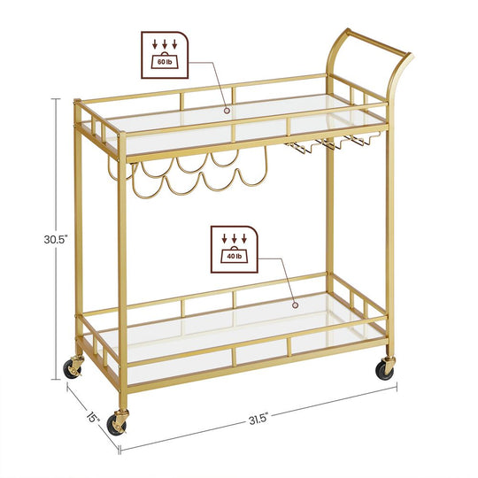 Rolling Bar Serving Cart | Mirrored Shelves With Wine Storage