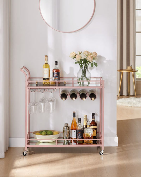 Rolling Bar Serving Cart | Mirrored Shelves With Wine Storage